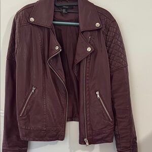 Forever 21 Burgundy Leather Jacket Asymmetrical Zipper Quilted Shoulders